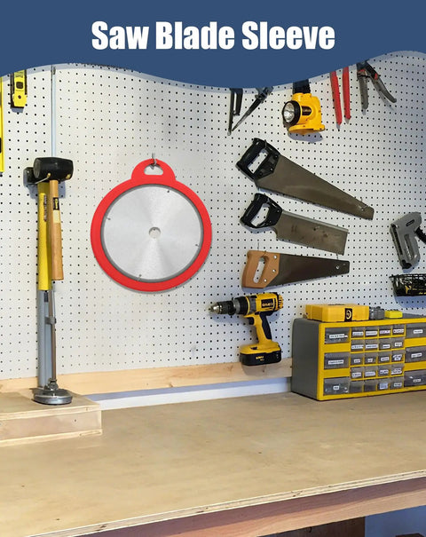 Tough As Nails Silicone Saw Blade Protector Sleeve For 10 Inch Circular Blades displayed on a pegboard in a workshop.