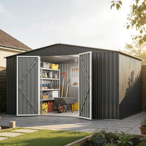 12 By 10 Foot Dark Grey Metal Shed With Lockable Door Waterproof Outdoor Storage For Bikes Garden Tools And Lawn Mower Ventilated Design