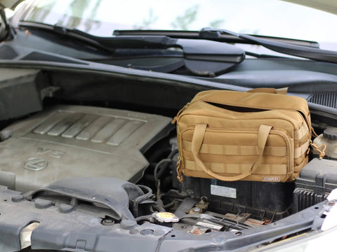 Heavy Duty 12 Inch Tool Bag For Mechanics Electricians Car Enthusiasts And DIYers Tough As Nails Multipurpose Gear Tote on car engine