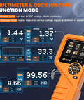 KM601 Power Circuit Probe Kit For 12V 24V Cars And Trucks, All In One Automotive Circuit Tester With Oscilloscope, Fuel Injector Signal, Battery Test, Multimeter, Short Circuit Finder, Current Probe, 30 Ft Cable display showing multimeter and oscilloscope modes