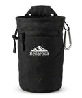Black climbing chalk bag with waist belt and carabiner, featuring a rigid rim and soft fleece lining, no spill drawstring pouch.