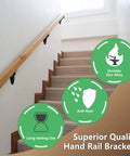 Heavy Duty Black Hand Rail Brackets Six Piece Set For Indoor Stairs And Outdoor Use Durable Three Inch Banister Support Hardware on wooden staircase.