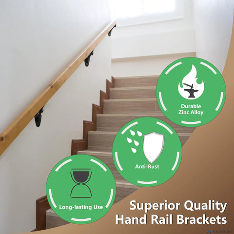 Heavy Duty Black Hand Rail Brackets Six Piece Set For Indoor Stairs And Outdoor Use Durable Three Inch Banister Support Hardware on wooden staircase.