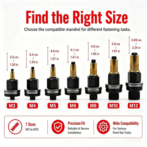 Heavy Duty Carbon Steel Rivet Nut Tool Set M3 To M12 Metric Kit For Auto Repair Bodywork And Sheet Metal Jobs With Mandrel Puller And Matching Fasteners, M3-M12 sizes shown