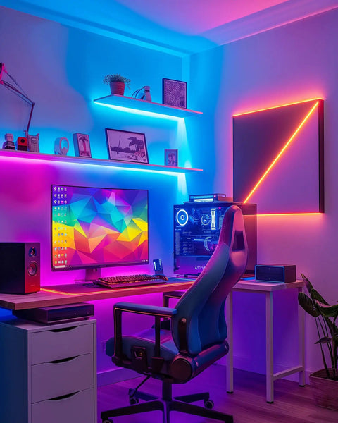 RGB Waterproof LED Strip Lights Kit with Dimmable 5050 Tape illuminating a modern gaming setup in a bedroom.