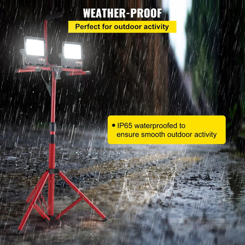 Two Pack 10000 Lumen Dual Head LED Work Light On Adjustable Foldable Tripod Stand IP65 Waterproof Job Site Lighting in rain