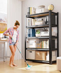 Woman mopping beside Heavy Duty 5 Tier Adjustable Garage Shelving Unit 78 Inch Tall Steel Storage Rack in a home office space.