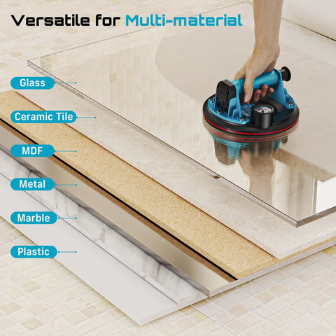 SEESII Heavy Duty Suction Cups For Glass And Tile Lifting Rated At 550 Pounds With Pressure Gauge shown lifting glass and tile panels.