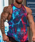 Mens Dope American Flag Skull Print Graphic Tank Top Quick Dry Sleeveless Muscle Shirt for heavy gym sessions, bold design.