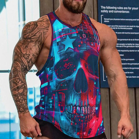 Mens Dope American Flag Skull Print Graphic Tank Top Quick Dry Sleeveless Muscle Shirt for heavy gym sessions, bold design.