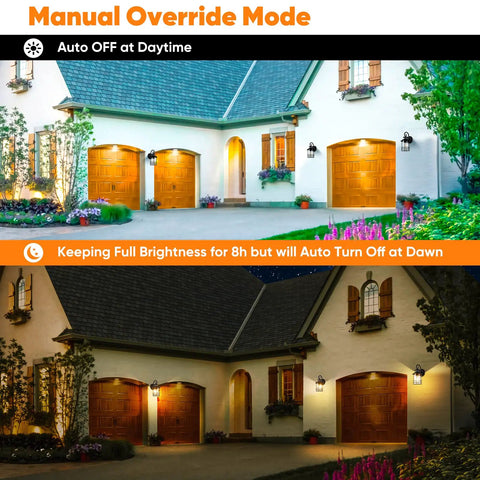 2-Pack Motion Sensor Outdoor Wall Sconces With Dusk To Dawn Photocell lighting up entryway and garage in manual mode
