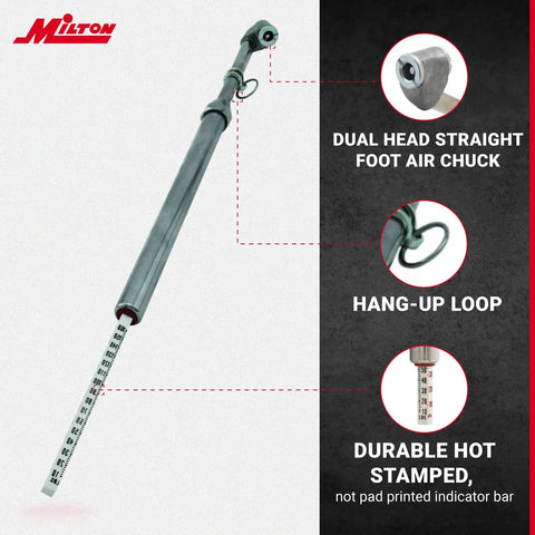Dual Head Tire Pressure Gauge With Plated Brass Tube, 12.75 Inch Reach, dual head air chuck, hang-up loop, durable indicator
