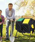 Dual Chamber Compost Tumbler With Easy Turn Sliding Doors for all season outdoor use, heavy duty 37 gallon black bin in garden.