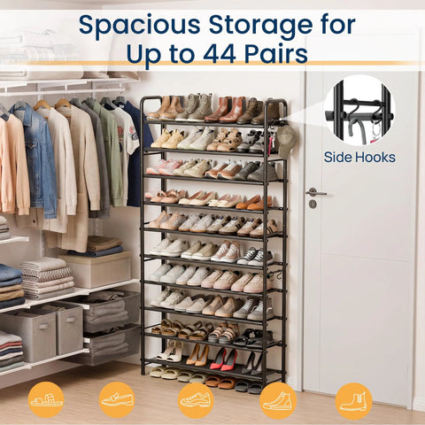 Heavy Duty 10 Tier Shoe Rack Garage Storage Maxes Out Your Space Fitting 44 Pairs Of Adult Kicks With Ease Black Steel Vertical Organizer For Apartments Mudrooms And Closets