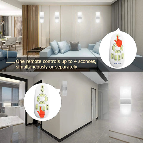 Living room and hallway with No-Fuss Set of Two Modern Wall Sconces, remote control and stepless dimming features shown.