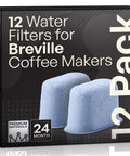Front view of a box labeled 12 Water Filters for Breville Coffee Makers; two blue charcoal filter cartridges shown.