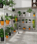 Built Like A Tank 6 Tier Wire Shelving Unit, 6000 Lbs Heavy Duty Metal Storage Rack holding various potted plants.