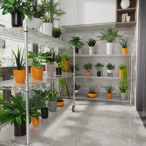 Built Like A Tank 6 Tier Wire Shelving Unit, 6000 Lbs Heavy Duty Metal Storage Rack holding various potted plants.