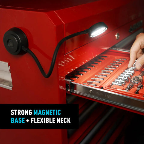 Radiant Flex Rechargeable Lamp With Bendable Gooseneck And Magnetic Base For Hands Free Illumination attached to a metal toolbox