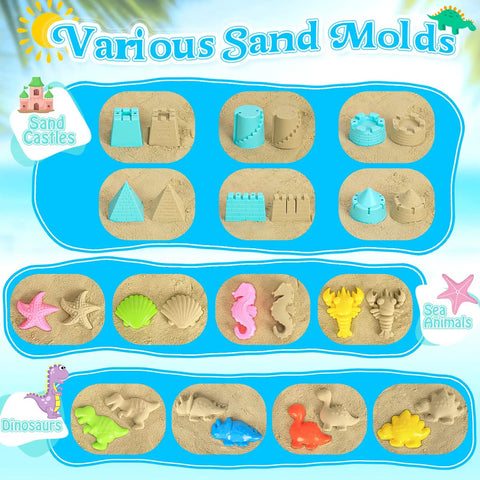 Packable Beach Toys For Kids And Tots 22 Piece Sand Set castle and animal molds displayed on sand background