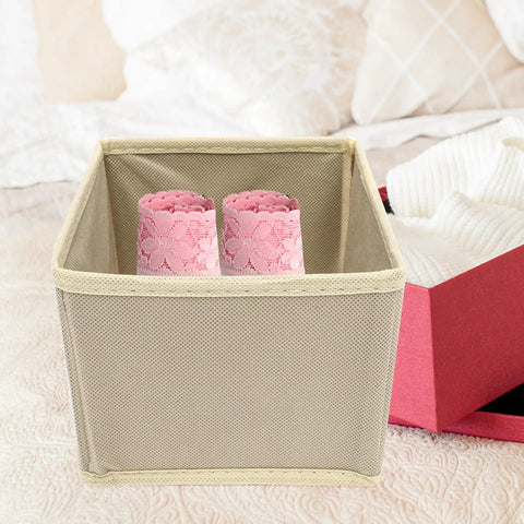 Totally Legit High Capacity Nonwoven Underwear And Sock Organizer Boxes with pink lace socks inside beige drawer.