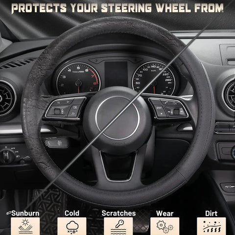 Premium Black Microfiber Leather Steering Wheel Cover For Cars And Trucks Super Soft Anti Slip Grip Easy Peasy Install Fits Standard 15 Inch Wheels on vehicle dashboard.