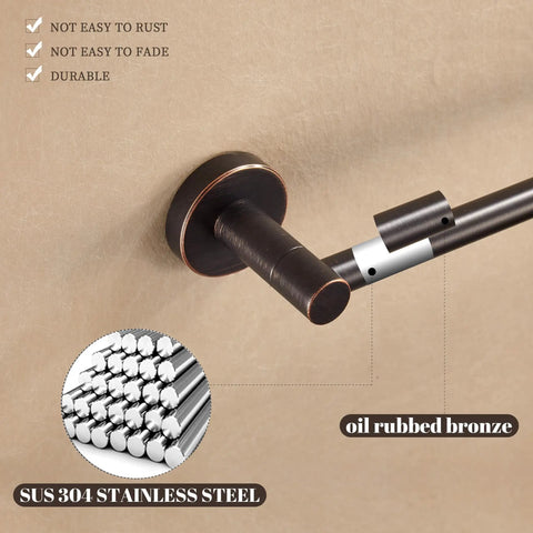 Close-up of Adjustable Bronze Towel Bar 15 To 24 Inches, wall mounted with oil rubbed finish, showing durable SUS 304 stainless steel.