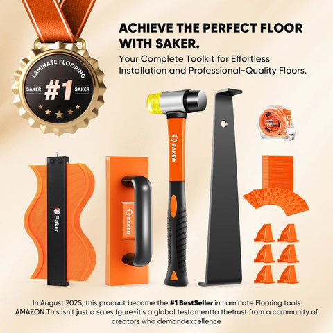 7-In-1 Laminate Flooring Installation Kit With 60 Spacers, Tapping Block With Handle, Pull Bar, 10-Inch Contour Gauge, Rubber Mallet And Tape Measure, 65-Piece Set For Fast, Easy DIY Floor Install components displayed