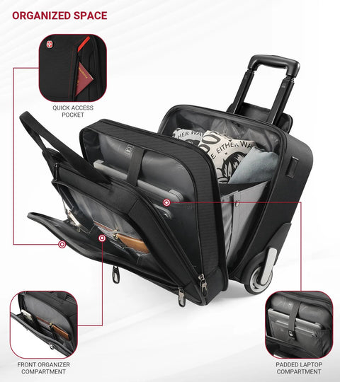 Star Cloud rigid-frame rolling laptop bag, 18×14×8 in, black water-resistant rolling briefcase by Amazon, front view