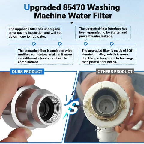 Comparison of upgraded Inline 85470 Washing Machine Water Filter with aluminum head vs standard plastic filter