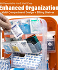 Front view of orange wall-mountable hard-shell first aid kit with open compartments and assorted supplies.