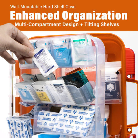 Front view of orange wall-mountable hard-shell first aid kit with open compartments and assorted supplies.