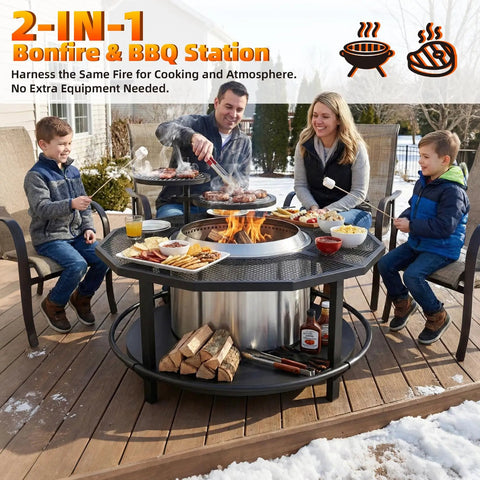 Outdoor Fire Pit Surround Table With 40 Inch Tabletop And 21 Inch Inner Ring That Fits Bonfire And Ranger used as dining table
