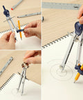 Pro Grade Geometry Set 15 Piece Drafting Kit With Protractor, Compass, Metal Ruler, Triangles, Pencils, Pens, in use