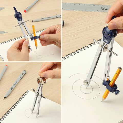 Pro Grade Geometry Set 15 Piece Drafting Kit With Protractor, Compass, Metal Ruler, Triangles, Pencils, Pens, in use