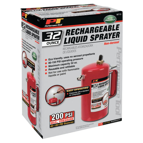 Box of Eco-Friendly Non-Aerosol Reusable Liquid Sprayer Powered By Your Compressor, 80-150 PSI, with red tank image