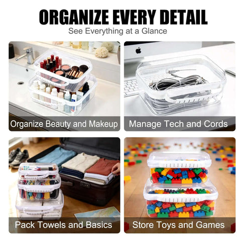3 Pack Legit Hard Shell Zipper Cases Featuring Crystal Clear Visibility Deep Bottom Layout And Totally Waterproof Build For Dope Storage Solutions And Straight Up Quick Access, showcasing organization for beauty, tech, and toys.
