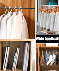 Two Piece Adjustable Window Security Bar for Sliding Glass Doors showing multi-use in hanging clothes, hats, and curtains.