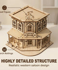 Wild West 3D Wooden Puzzle Kit For Adults And Teens, Miniature Cowboy Saloon Building Set, Desktop Architecture Model, Hands-On Wood Craft Project, Creative Gift For Woodworking Hobbyists And Collectors. Wooden cowboy saloon model with roof figure and porch railings.