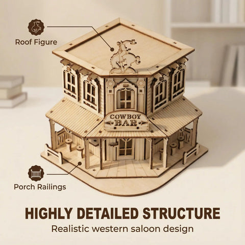 Wild West 3D Wooden Puzzle Kit For Adults And Teens, Miniature Cowboy Saloon Building Set, Desktop Architecture Model, Hands-On Wood Craft Project, Creative Gift For Woodworking Hobbyists And Collectors. Wooden cowboy saloon model with roof figure and porch railings.
