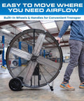 Heavy Hitter 42 Inch Industrial Drum Fan Moves Serious High Velocity Air For Garage Or Workshop Cools 24500 CFM With Smooth Rolling Casters Two Pack No Fuss Design with built-in wheels for easy transport.