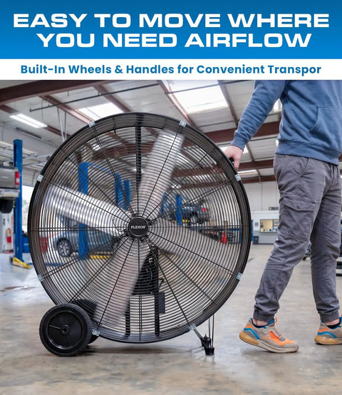 Heavy Hitter 42 Inch Industrial Drum Fan Moves Serious High Velocity Air For Garage Or Workshop Cools 24500 CFM With Smooth Rolling Casters Two Pack No Fuss Design with built-in wheels for easy transport.