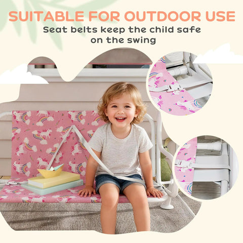 Two Seater Kids Patio Swing With Adjustable Canopy Safety Belt Unicorn Rainbow Pattern Hanging Bench For Garden