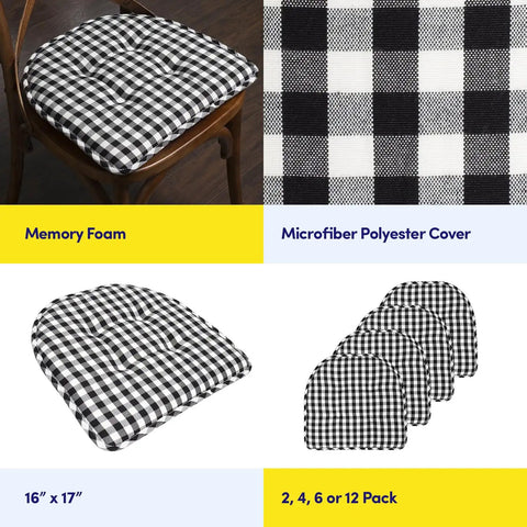 Cozy Memory Foam Chair Cushions Set Of Four With Tufted Non Slip Rubber Backing And U Shaped Design 17 By 16 Inch Checkered Black And White Seat Pads Displayed