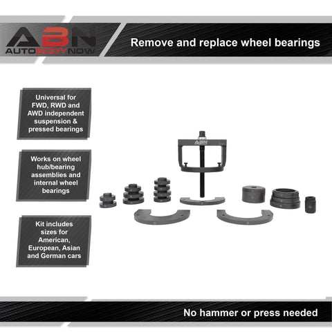 Universal Wheel Bearing Puller Kit And Hub Removal Tool displayed with components for FWD, RWD, and AWD vehicles.