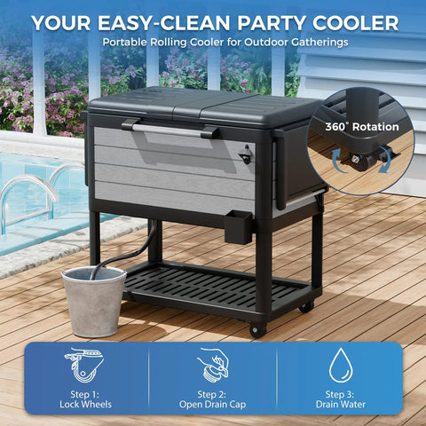 Patio Cooler Cart With Wheels 104 Quart Outdoor Ice Chest Beverage Bar Cart With Handles Storage Shelf Bottle Opener