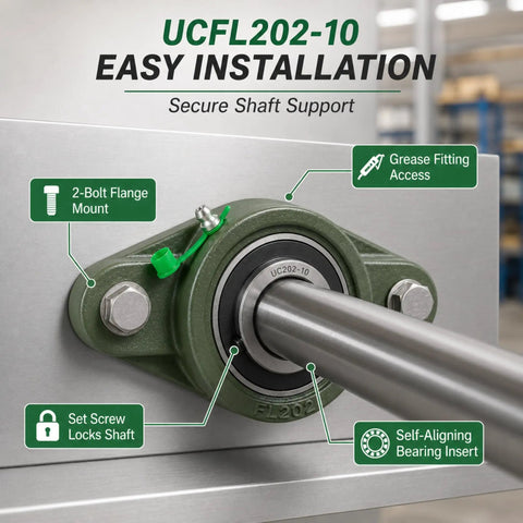 UCFL202-10 2-Bolt Flange Bearing Units 5/8 Inch Bore Cast Iron Housing With Set Screw Locking, mounted on metal plate