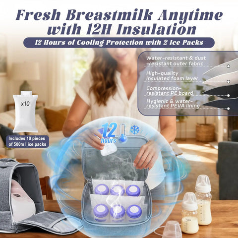 Game Changing Insulated Breast Pump Backpack Keeps Your Milk Chill On The Go Hella Spacious Design Fits Almost Every Electric Pump With Free Ice Packs features ice packs and organized storage with breastmilk bottles.
