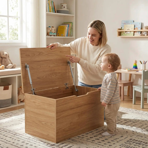 Parent and child exploring a wooden toy box with Two Pack Soft Close Toy Box Hinges With 100N Gas Strut Safety Lid Support installed.