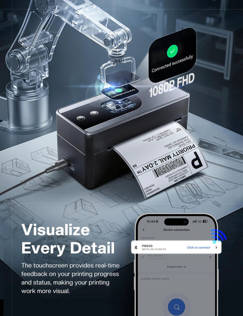 Upgraded Touch Screen Thermal Label Printer For Small Biz, 4x6 Wireless Shipping Label Printer displaying label output
